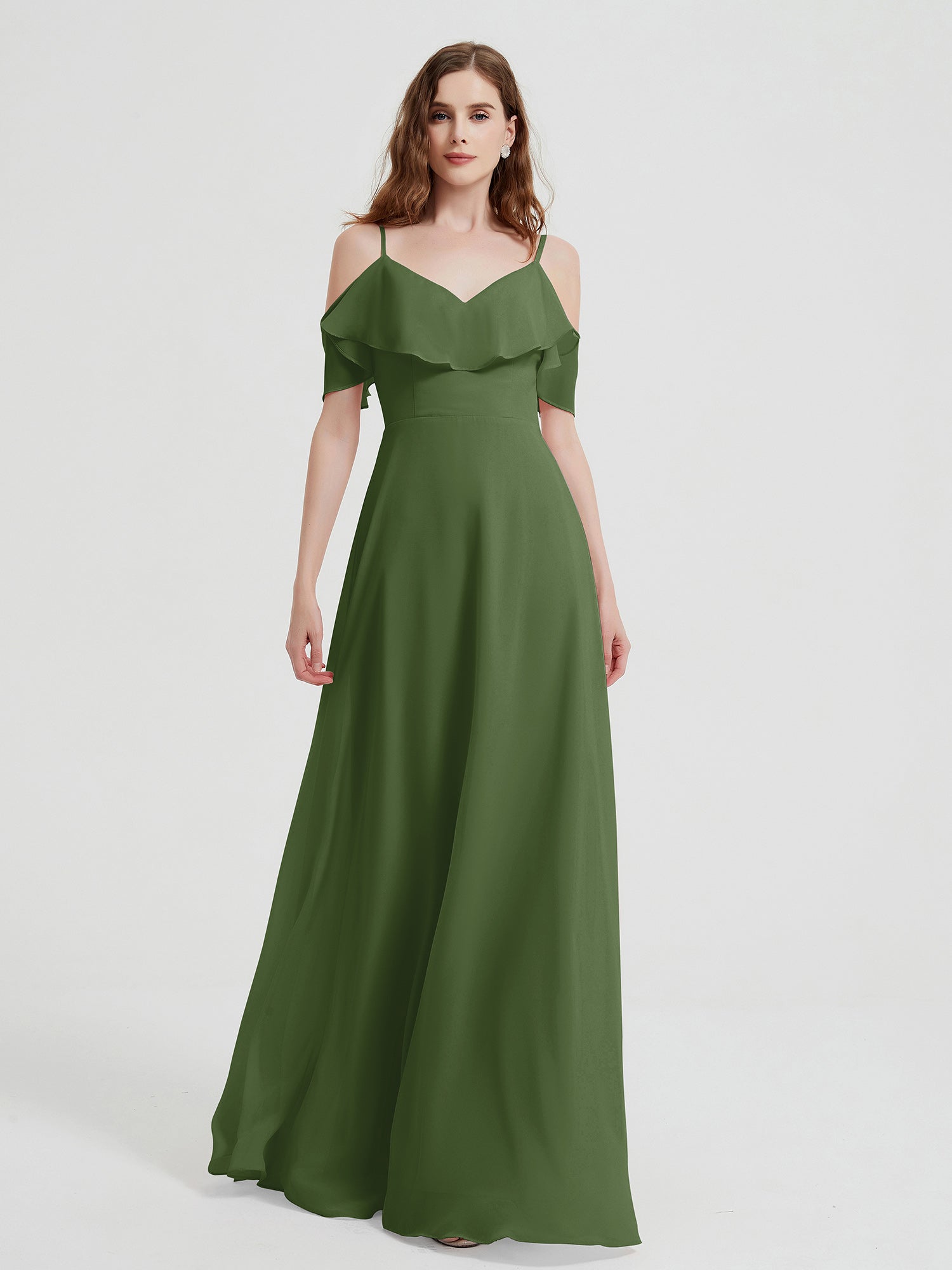 Spaghetti Straps V-neck Chiffon Long Dresses-Moss
